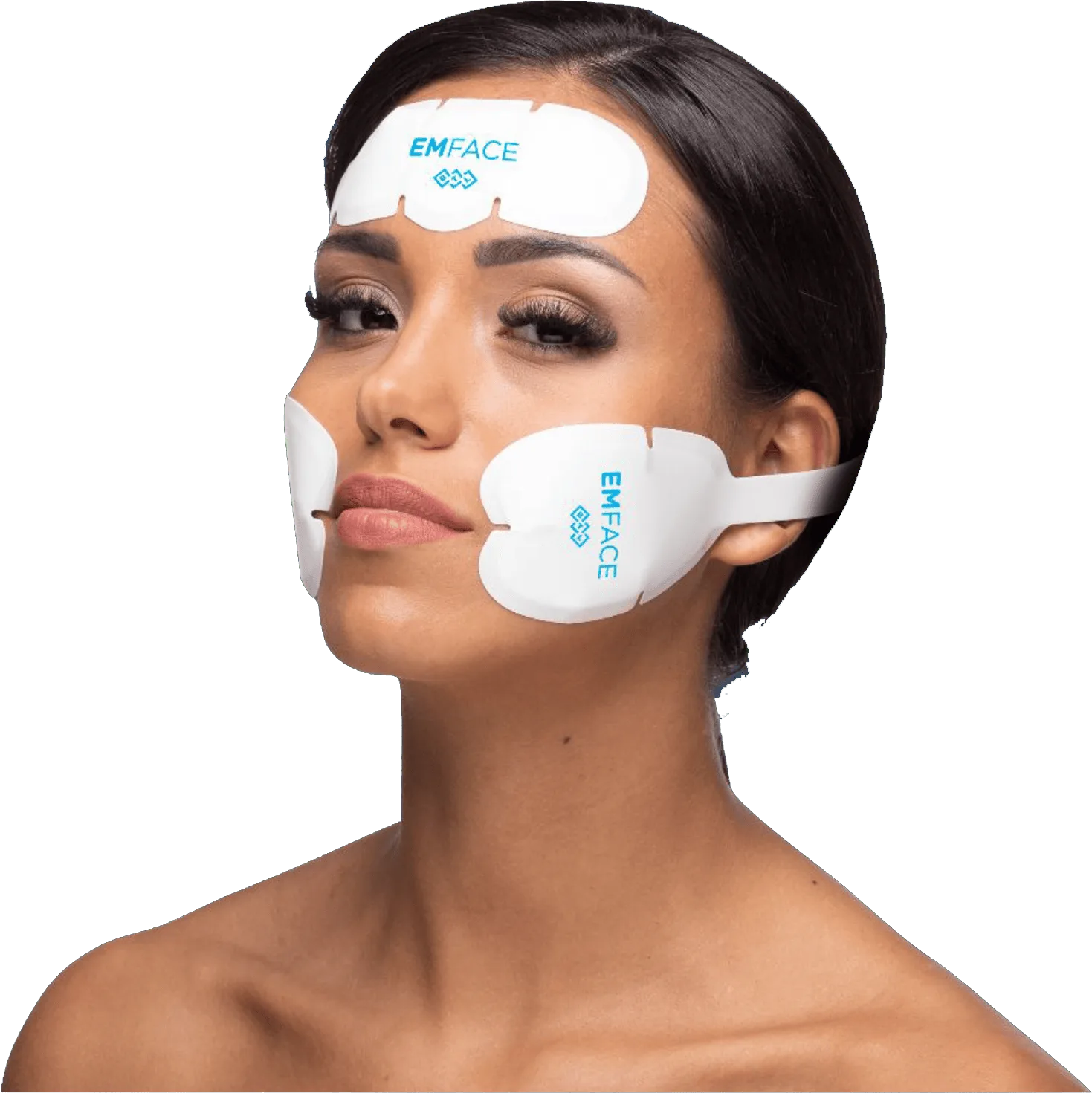 Woman wearing facial treatment applicators on her forehead and cheeks, EMface facial toning Amsterdam